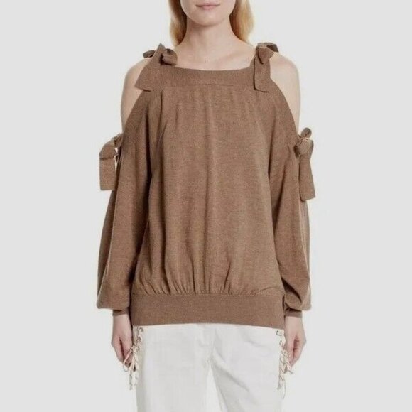 SEE BY CHLOE Cold Shoulder w/ Ties Sweater Olive Brown Merino Wool Blend SMALL - Picture 1 of 9